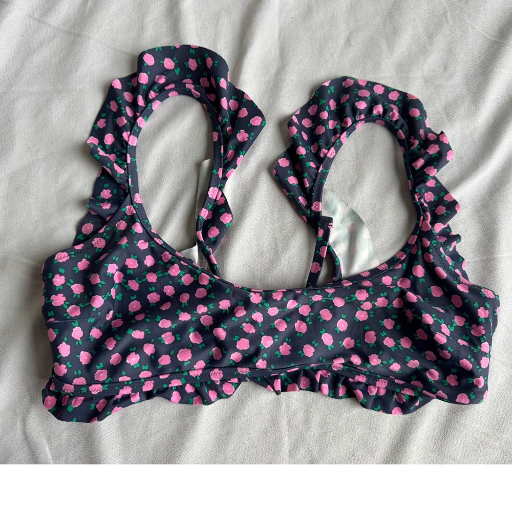 Aerie Ruffle Floral Bikini Top Navy Pink Scoop Neck Cottagecore Large swim beach